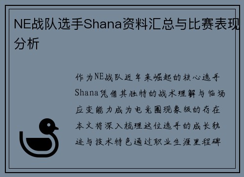 NE战队选手Shana资料汇总与比赛表现分析