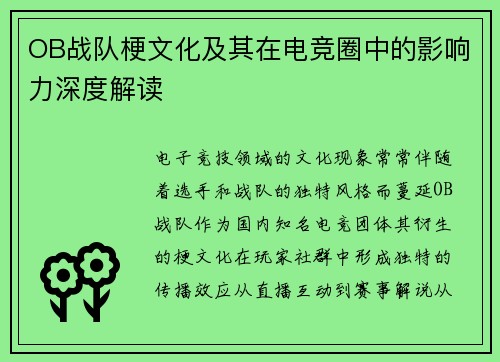OB战队梗文化及其在电竞圈中的影响力深度解读