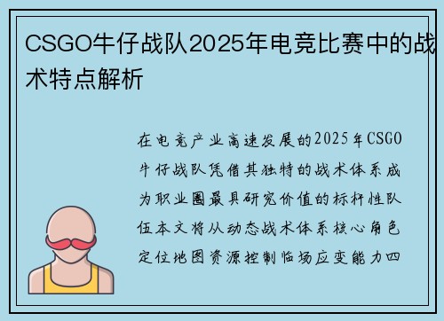 CSGO牛仔战队2025年电竞比赛中的战术特点解析