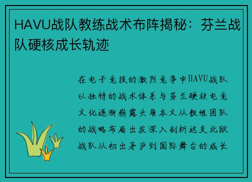 HAVU战队教练战术布阵揭秘：芬兰战队硬核成长轨迹