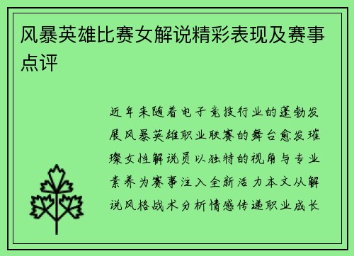 风暴英雄比赛女解说精彩表现及赛事点评